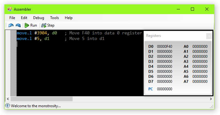 Editor and Registers Display